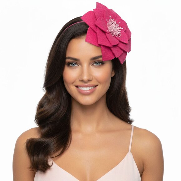 Hot Pink Felt Flower Fascinator Handmade Headband Royal Kentucky Derby Wedding - Picture 1 of 8